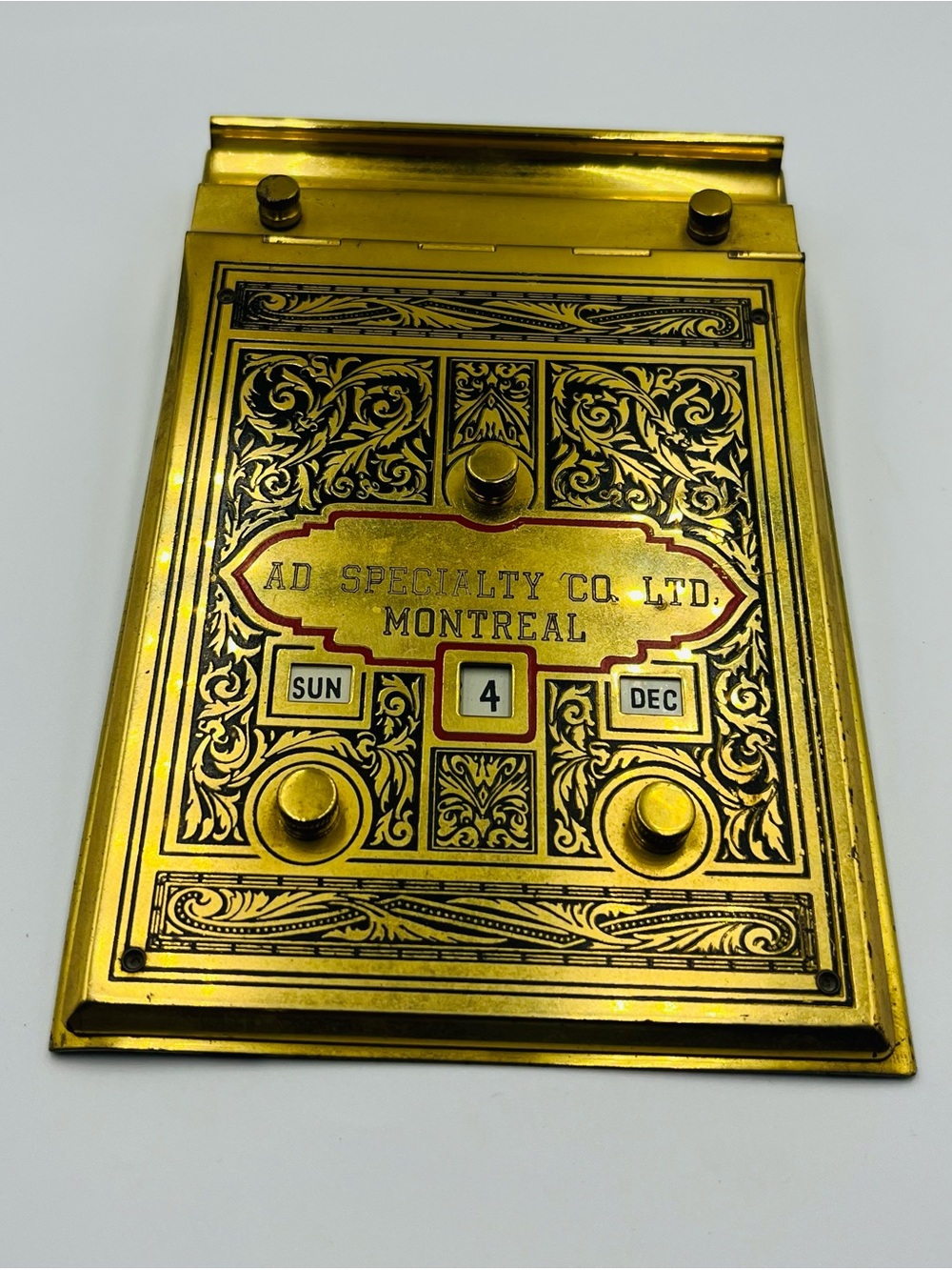 Vintage Brass Engraved Desk Calendar & Notepad Holder